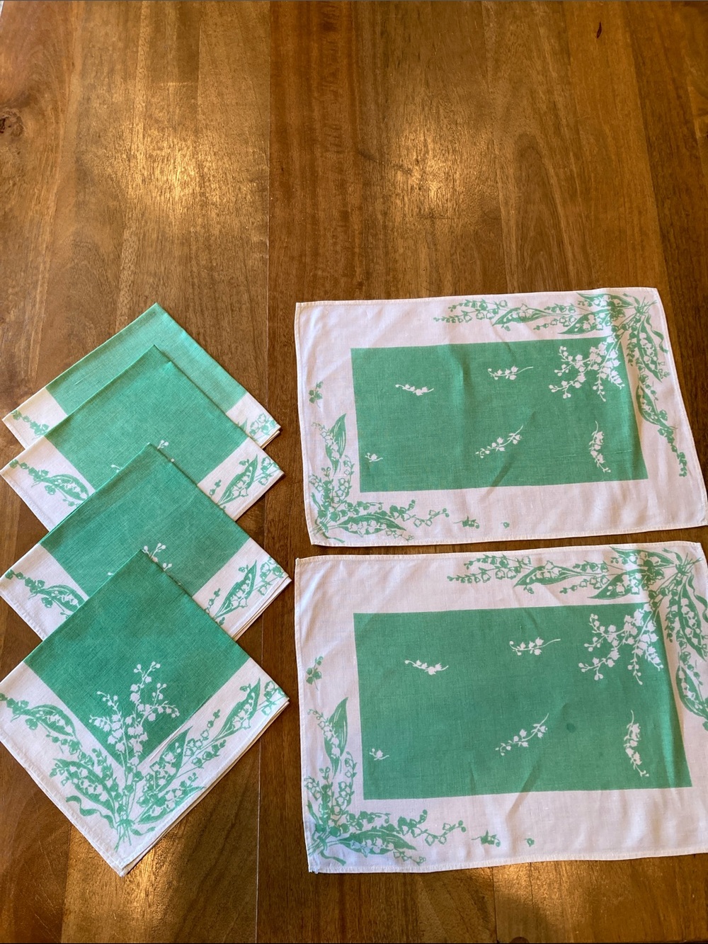 Mid-century 2 Placemat 4 Napkin Set Green‎ White Floral Linen Blend Cottagecore